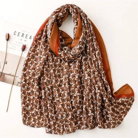 Retro Ethnic Fan Floral Print Long Scarf Women Polyester Herringbone Cotton Linen Feel Shawl Wraps Travel Sun Protection