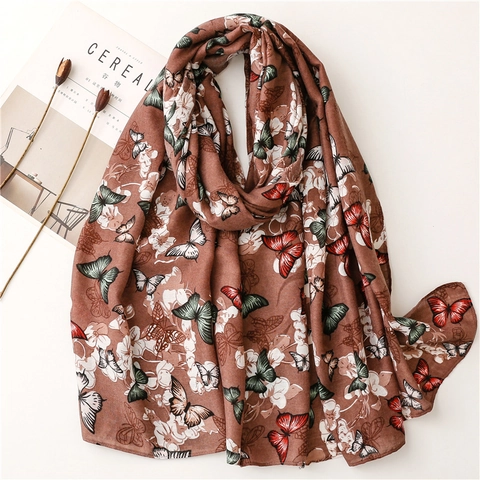 Bufanda Con Estampado De Mariposas Flores Estilo Étnico Poliéster Espiga Chal Protección Solar Largo Ligero Para Mujeres