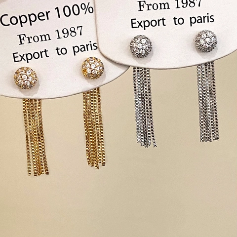 Kupfer Quasten Stecker Ohrringe Pave Zirkonia Kugel Lange Kette Vintage Westlicher Stil Mode Schmuck Für Damen