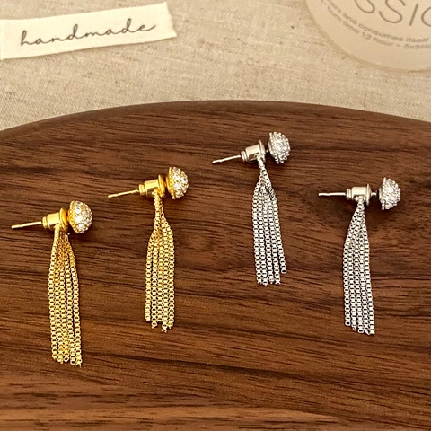 Kupfer Quasten Stecker Ohrringe Pave Zirkonia Kugel Lange Kette Vintage Westlicher Stil Mode Schmuck Für Damen