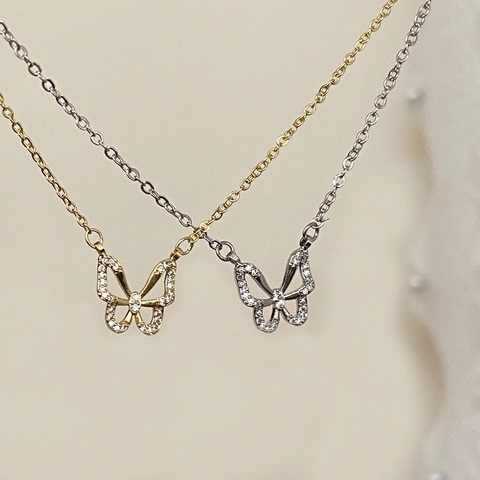 Vlinder Hanger Ketting Koper Met Zirkonia 18K Verguld Hol Ontwerp Elegante Sleutelbeenketting Voor Dames