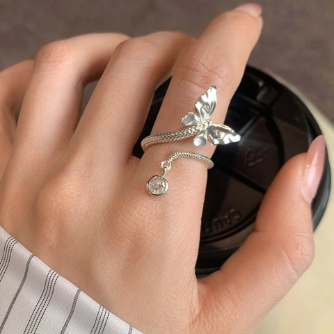 Butterfly Open Ring Copper Cubic Zirconia Adjustable Snake Bone Texture Dangle Round Charm Jewelry For Women