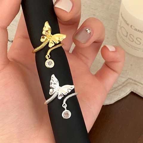 Butterfly Open Ring Copper Cubic Zirconia Adjustable Snake Bone Texture Dangle Round Charm Jewelry For Women