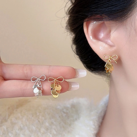 Bow Stud Earrings Copper Gold Plated Sequin Tassel Dangle Elegant Daily Jewelry For Women