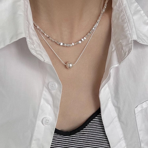 Collana A Doppio Strato Minimalista Rame Placcato Argento Catena In Metallo Frantumato Ciondolo Con Perla Artificial Sintetica Catena Da Clavicola Donna