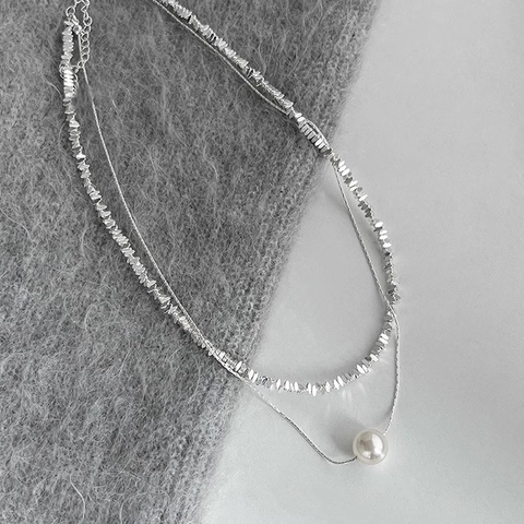 Collana A Doppio Strato Minimalista Rame Placcato Argento Catena In Metallo Frantumato Ciondolo Con Perla Artificial Sintetica Catena Da Clavicola Donna