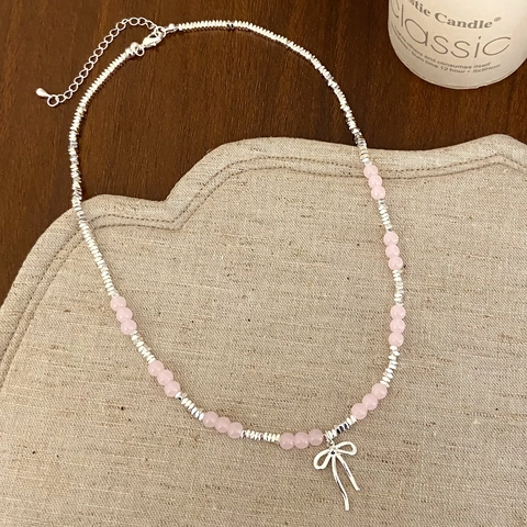 Sweet Bow Pendant Beaded Necklace Copper Silver Plated Colorful Resin Stone Adjustable Clavicle Chain Women Jewelry