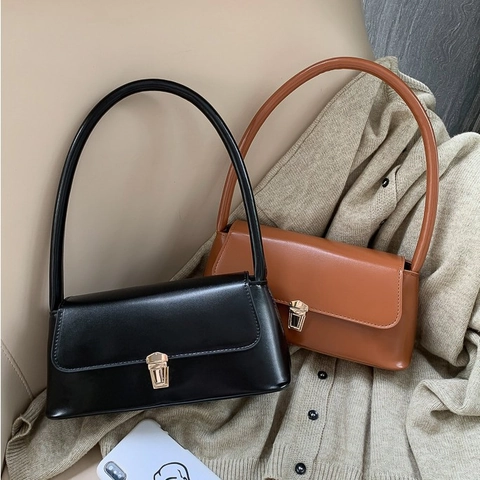 Minimalistische Retro PU Leder Baguettetasche Damen Achsel Umhängetasche Metallverschluss Klappdeckel Elegant Pendelstil