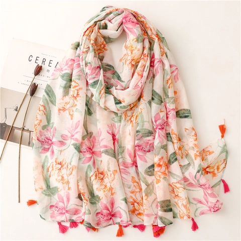 Bufanda Chal Para Mujer Con Estampado Floral Y Borlas Estilo Étnico Retro Voile De Poliéster Ligero Transpirable Larga