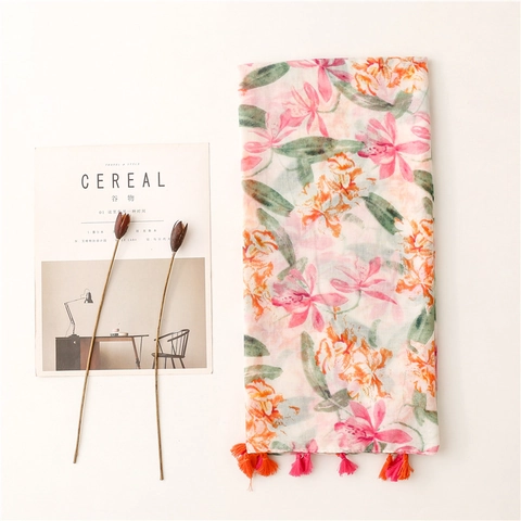 Bufanda Chal Para Mujer Con Estampado Floral Y Borlas Estilo Étnico Retro Voile De Poliéster Ligero Transpirable Larga