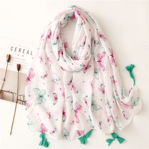 Sciarpa Da Donna Con Stampa Farfalla Scialle Lungo Grandi Nappine Morbide Avvolgente Decorativo Leggero Elegante