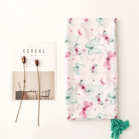 Sciarpa Da Donna Con Stampa Farfalla Scialle Lungo Grandi Nappine Morbide Avvolgente Decorativo Leggero Elegante