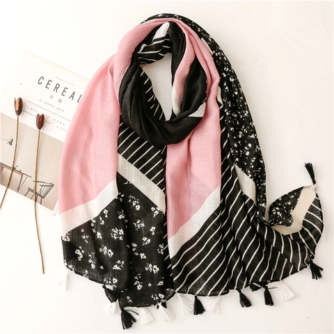 Elegant Shawl Scarf Polyester Patchwork Color Contrast Floral Stripes Print Tassel Fringe Decorative Sun Protection Women
