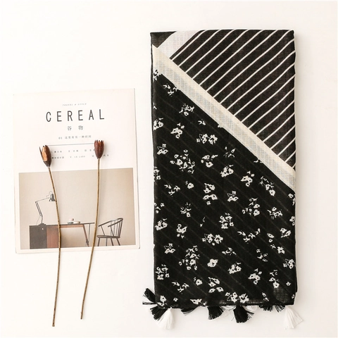 Elegant Shawl Scarf Polyester Patchwork Color Contrast Floral Stripes Print Tassel Fringe Decorative Sun Protection Women