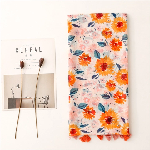 Sunflower Floral Print Long Scarf For Women With Tassels Lightweight Polyester Shawl Summer Sun Protection Beach Wrap