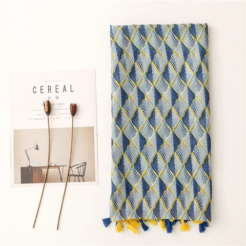 Leaf Print Scarf Shawl Polyester Bali Yarn Tassel Decorative Long Wrap Japanese Style Soft Elegant For Women