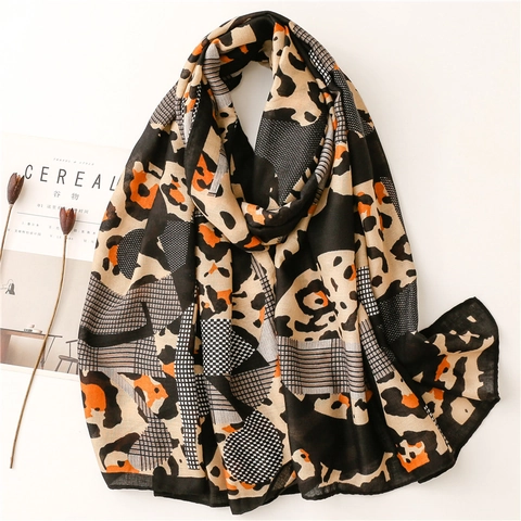 Leopard Print Geometric Splicing Long Scarf Polyester Shawl Lightweight Sun Protection Fashion Accessory For Women