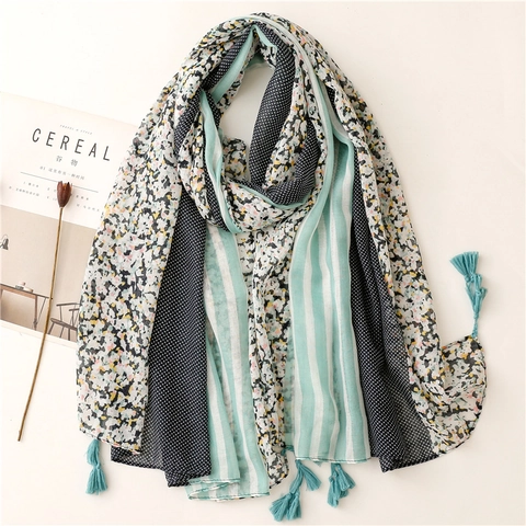 Sciarpa Leggera Patchwork Con Stampe Floreali Righe E Pois Elegante Scialle Lungo Con Nappe Da Donna