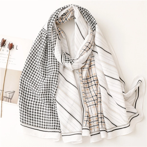 Damen Eleganter Hahnentritt Patchwork Schal Weich Leicht Polyester Shawl Geometrisch Gestreiftes Muster Warm Wrap Für Tägliche Reise Accessoire