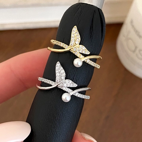 Anello Aperto Coda Di Pesce Sirena Rame Pavé Zircone Perla Artificial Sintetica Regolabile Design Incrociato Gioielli Eleganti Da Donna
