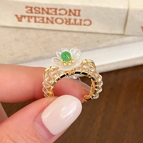 Flower Ring Handmade Gold Wire Wrapped Crystal Beads White Resin Green Bead Open Adjustable Sweet Vintage Women
