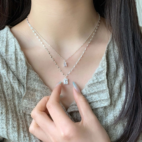 Collier Multi Rangs Cuivre Plaqué Argent Pendentif Zircon Rectangulaire Bijoux De Mode Minimaliste Pour Femme