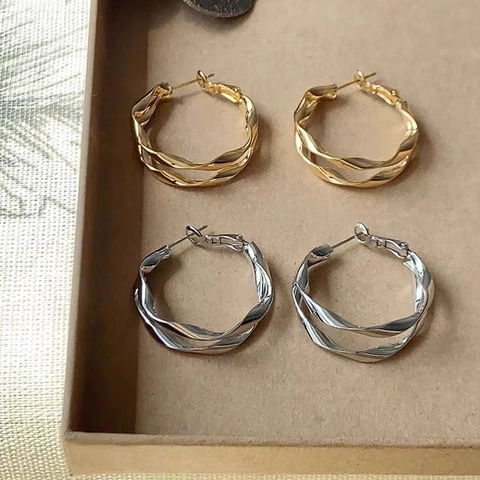 Orecchini A Cerchio Intrecciati A Spirale A Doppio Strato Irregolari Rame Placcato Oro 18K Stile Minimalista Per Donna