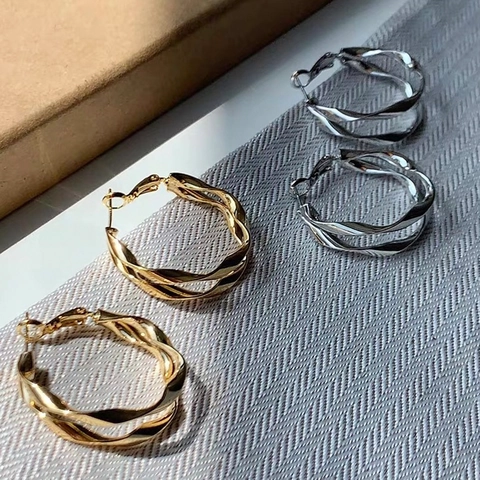 Irregular Double Layer Spiral Twisted Hoop Earrings Copper 18K Gold Plated Geometric Minimalist Style For Women