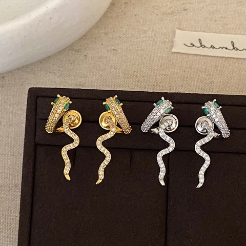 Orecchini A Lobo Serpente Lega Di Rame Con Zirconi Bianchi Occhi In Pietra Verde Gioielli Di Moda Per Donne