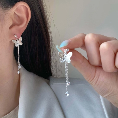 Butterfly Tassel Long Chain Earrings Elegant Copper Zircon Sparkling Studs For Women