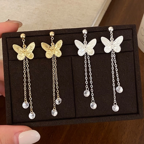 Butterfly Tassel Long Chain Earrings Elegant Copper Zircon Sparkling Studs For Women