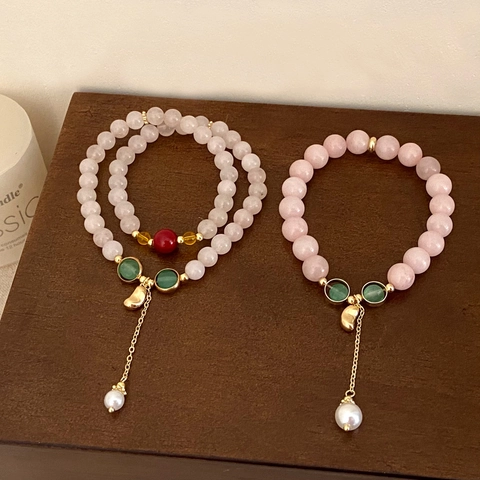 Pink Natural Stone Beaded Bracelet With Artificial Pearl Pendant 14K Gold Plated Layered Vintage Sweet Jewelry For Women