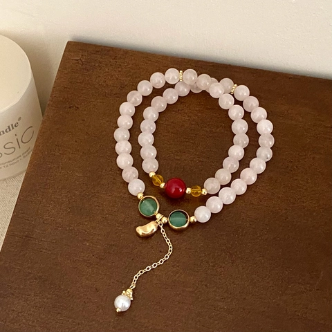 Pink Natural Stone Beaded Bracelet With Artificial Pearl Pendant 14K Gold Plated Layered Vintage Sweet Jewelry For Women