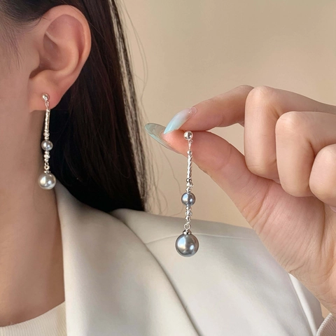 Eleganti Orecchini Lunghi A Doppia Perla Artificial Di Conchiglia Con Asta Di Rame Intrecciata Per Donna Gioielli In Rame