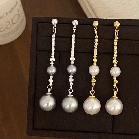 Eleganti Orecchini Lunghi A Doppia Perla Artificial Di Conchiglia Con Asta Di Rame Intrecciata Per Donna Gioielli In Rame