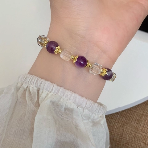 Amethyst Perlenarmband Kristall Und Muschelblumen Anhänger Vergoldet Elegantes Nischendesign Schmuck Für Frauen