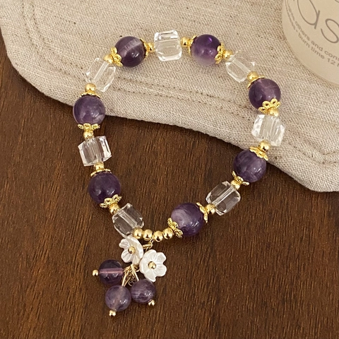 Amethyst Perlenarmband Kristall Und Muschelblumen Anhänger Vergoldet Elegantes Nischendesign Schmuck Für Frauen