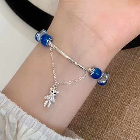 Bracciale Di Perline Di Vetro Blu Con Ciondolo A Orsetto In Zirconia Di Lega E Perline A Farfalla Gioielli Per Donna