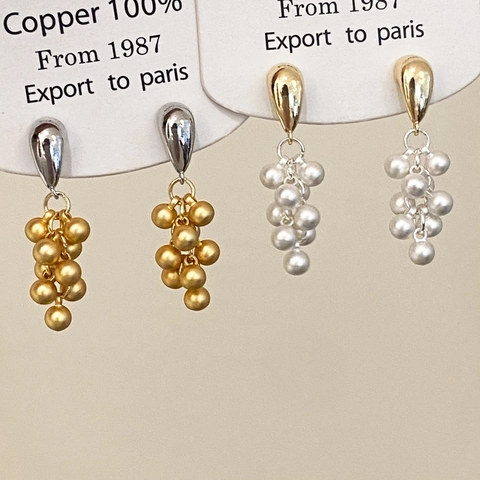 Orecchini Pendenti A Grappolo D Uva Placcato Oro Argento 18K Perline Di Rame Imitazione Perla Artificial Stile Retrò Francese Da Donna