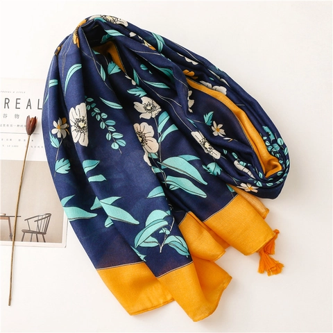 Floral Print Scarf Shawl Contrast Color Tassel Cotton Linen Feel Polyester Wrap For Women Beach Travel Elegant Long