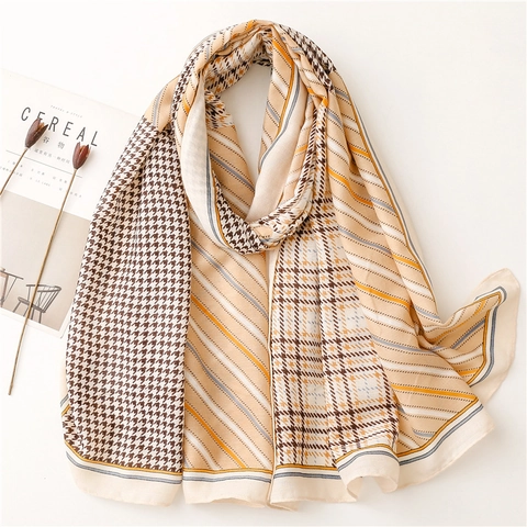 Damen Eleganter Hahnentritt Patchwork Schal Weich Leicht Polyester Shawl Geometrisch Gestreiftes Muster Warm Wrap Für Tägliche Reise Accessoire