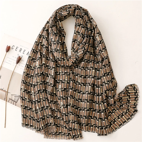 Geometric Pattern Scarf Shawl Women Polyester Gold Foil Hot Stamping Frayed Edges Rectangular Lightweight Soft Fashion
