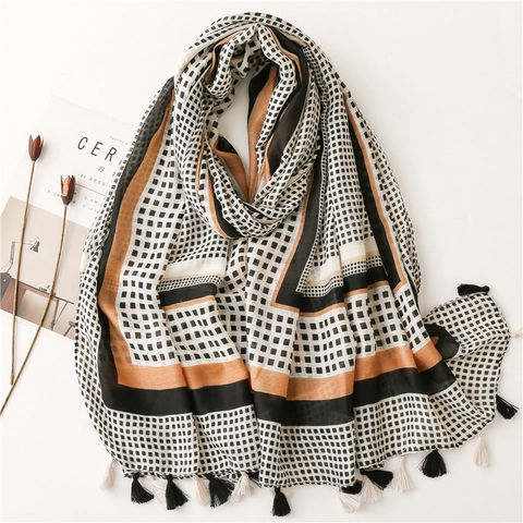 Geometric Grid Scarf Shawl Satin Cotton Polyester With Tassels Fringe Beach Sun Protection Soft Lightweight Women