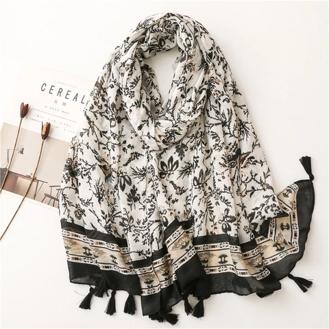 Floral Print Scarf Shawl Cotton Polyester Blend Large Ethnic Style Tassels Soft Breathable Beach Sun Protection Women