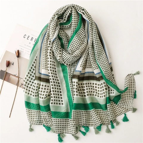 Geometric Grid Scarf Shawl Satin Cotton Polyester With Tassels Fringe Beach Sun Protection Soft Lightweight Women