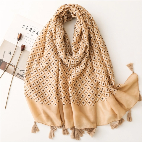Geometric Pattern Scarf Shawl Lightweight Polyester Cotton Tassel Fringe For Women Beach Travel Retro Elegant Soft