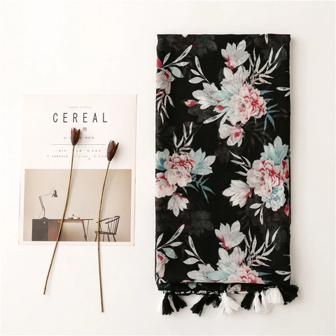 Large Floral Print Scarf Shawl Polyester Bali Yarn Soft With Tassels Bohemian Ethnic Style For Women Lightweight Wrap
