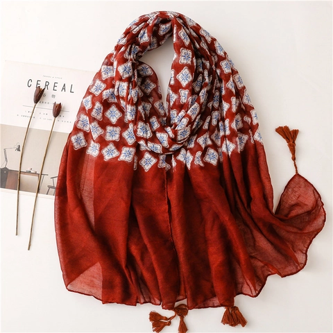 Retro Ethno Floral Print Schal Damen Lang Fransen Quaste Leicht Polyester Bali Garn Reise Strand