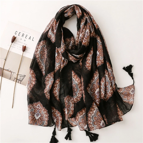 Bohemian Paisley Shawl Scarf For Women Polyester Bali Yarn Large Vintage Mandala Pattern With Tassels