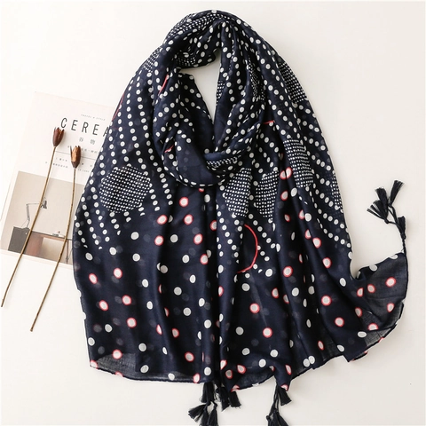 Women Scarf Shawl Lightweight Bali Yarn Polyester Cotton Feel Polka Dot Pattern Round Geometric Print Tassels Beach Travel